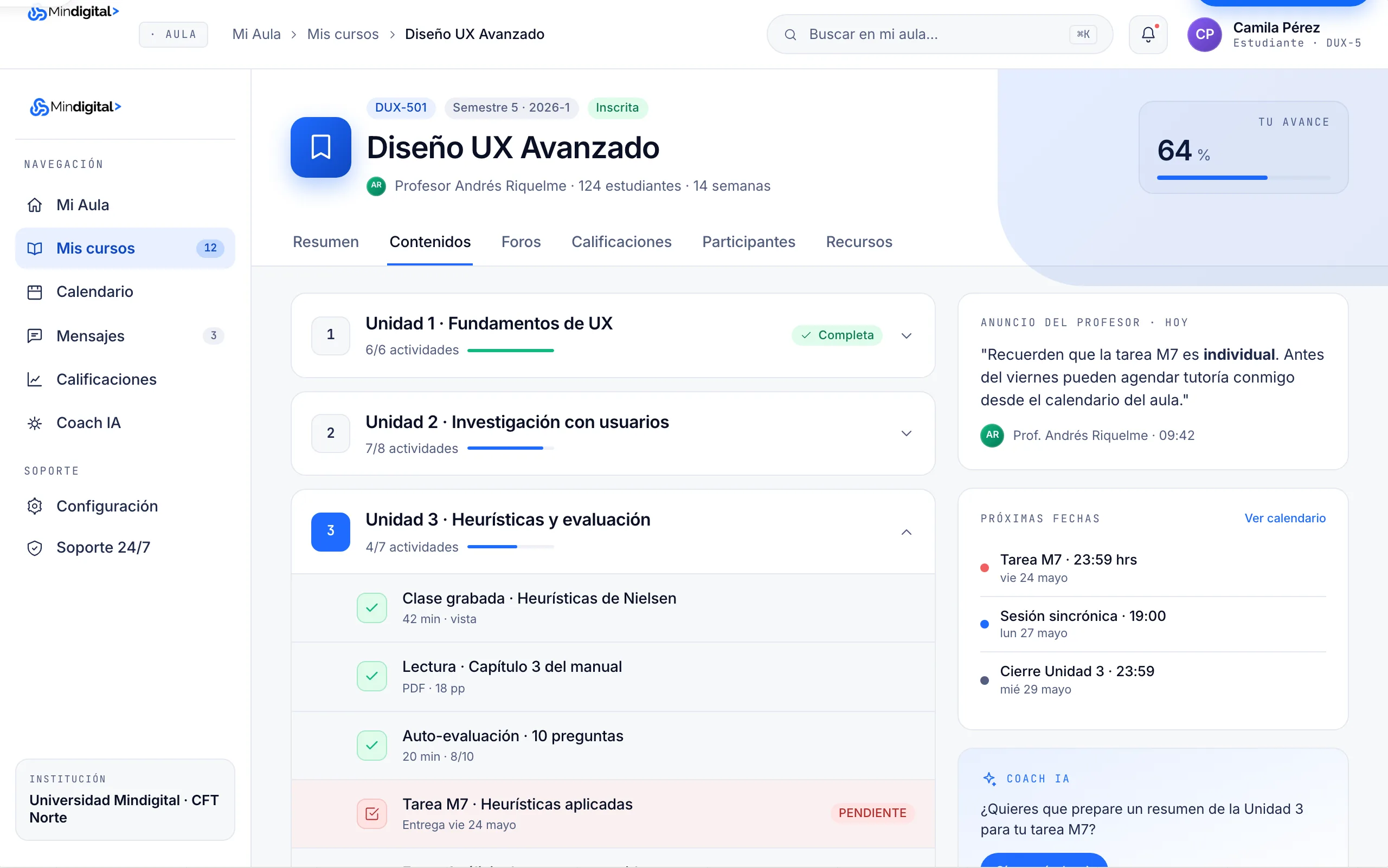 Vista del curso UX Avanzado con módulos y recursos