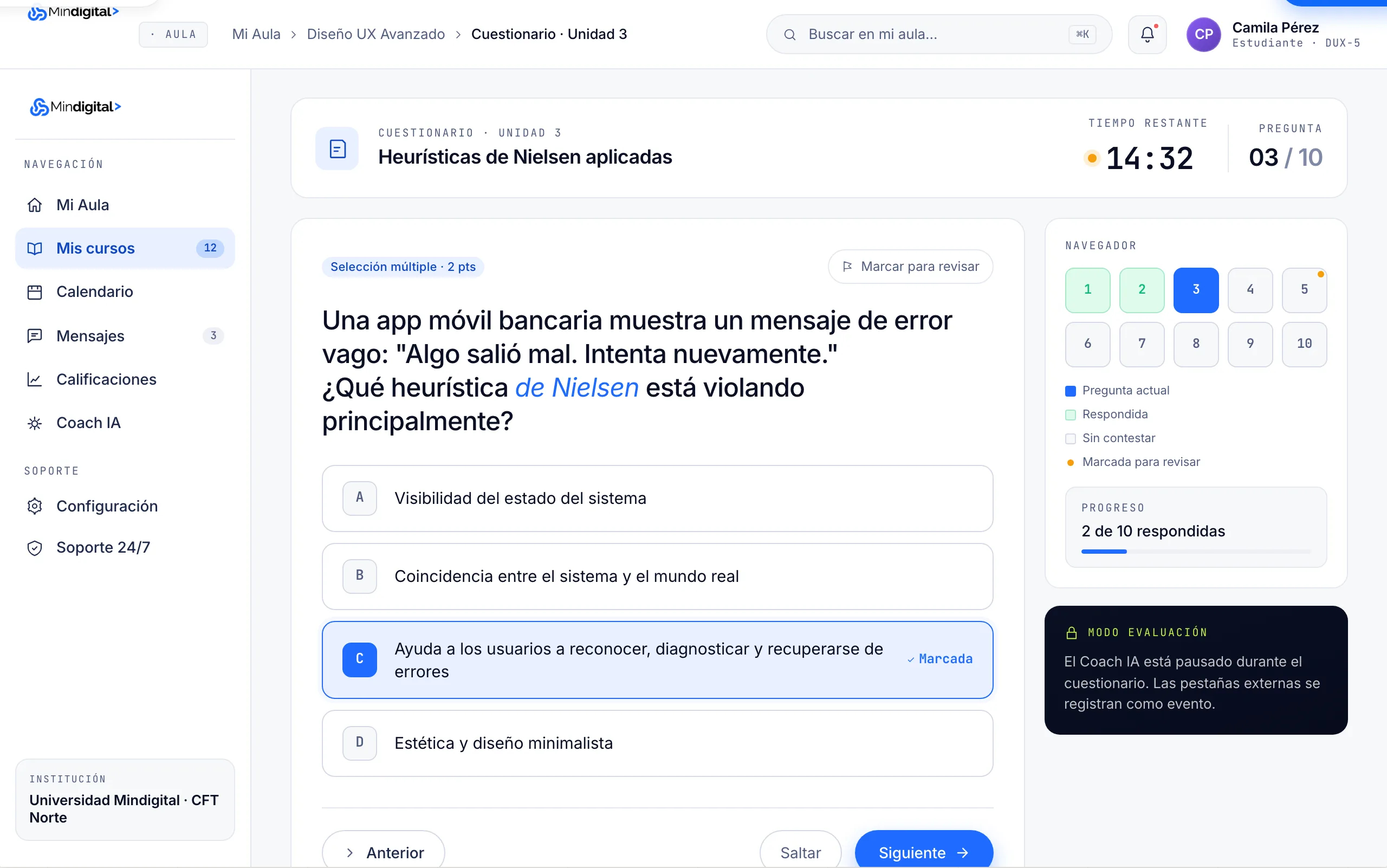 Cuestionario en curso con preguntas y tiempo restante