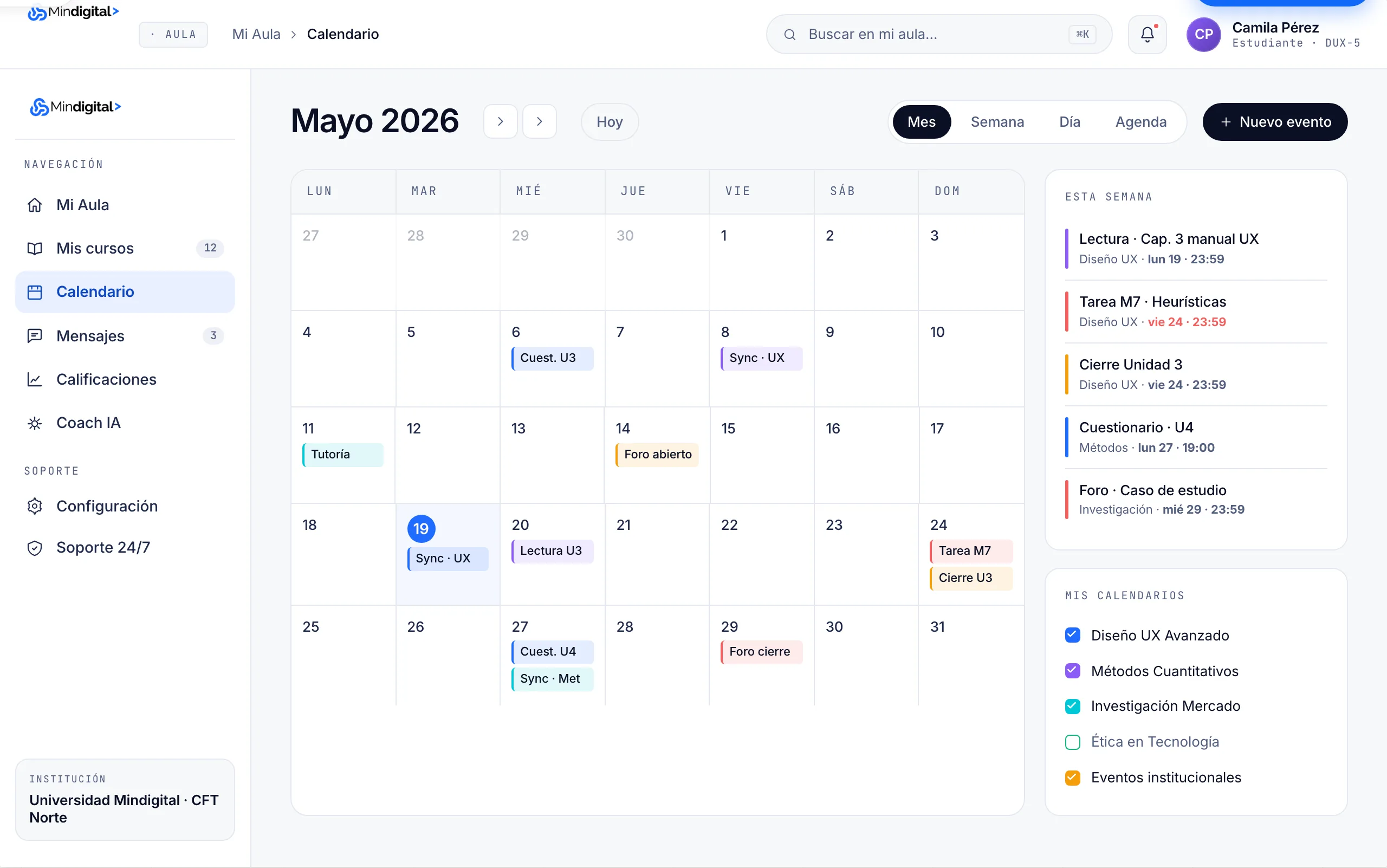 Calendario académico con eventos del semestre